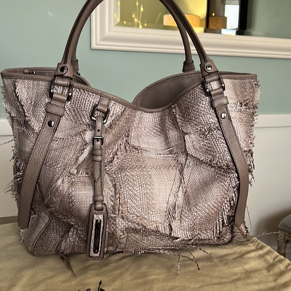 Authentic Burberry Prorsum Garden party raffia bag taupe with plaid pattern rare - Picture 11 of 16